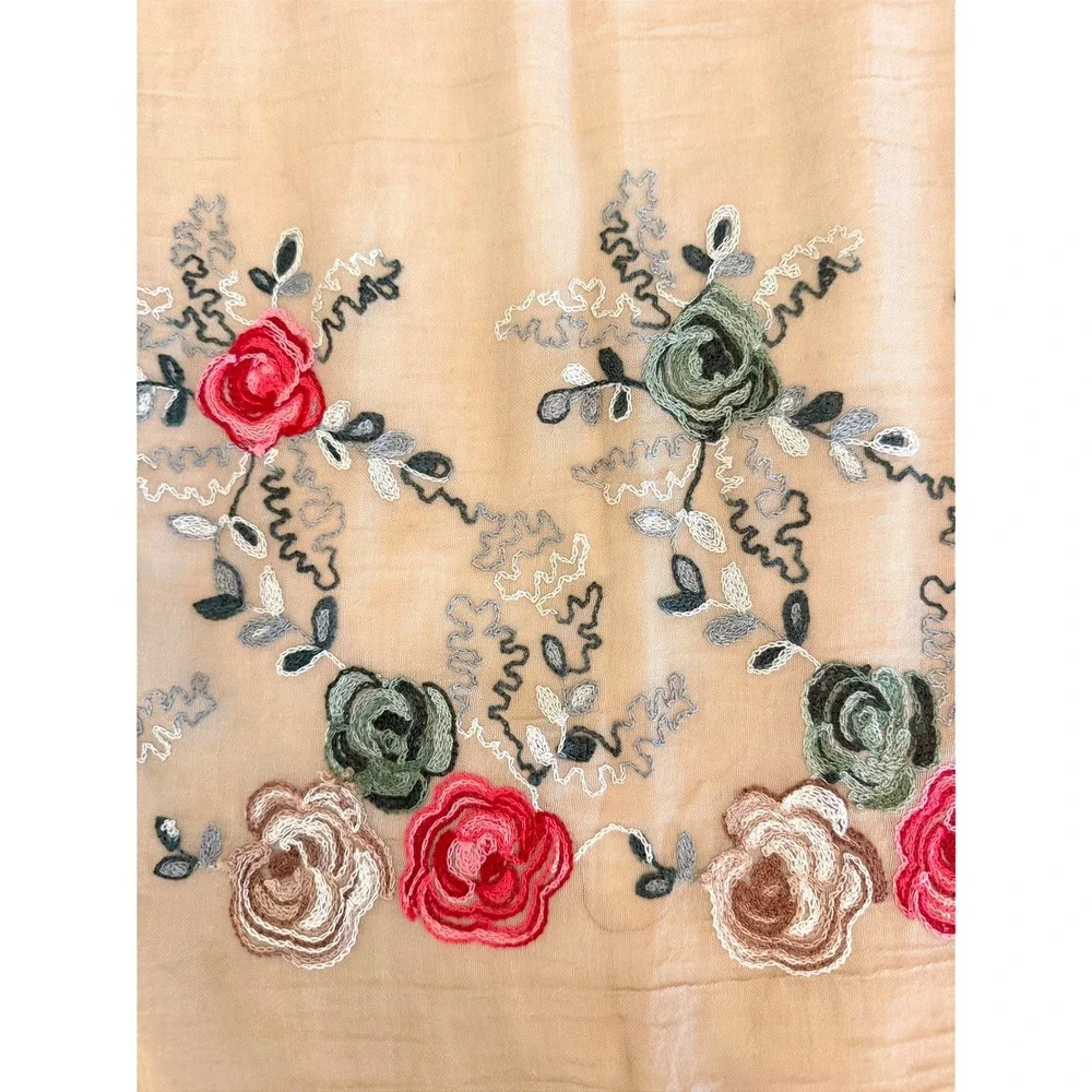 Tan Floral Embroidered Tassel Scarf Cotton Blend Rectangle Wrap Shawl